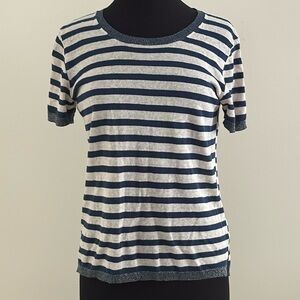 WRAP London Navy Cream Stripe Short Sleeve Lightweight Sweater EUC Size 6